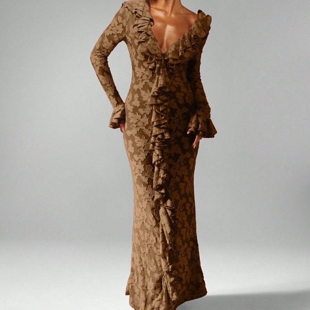 Brown Party Women's Long Sleeve Ruffle Maxi Dress